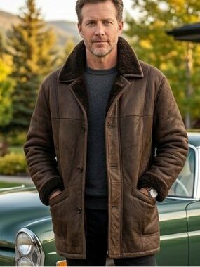 Werner Christ Luxury Sheepskin Shearling Car Coat Brown Leather Jacket L(40/44)